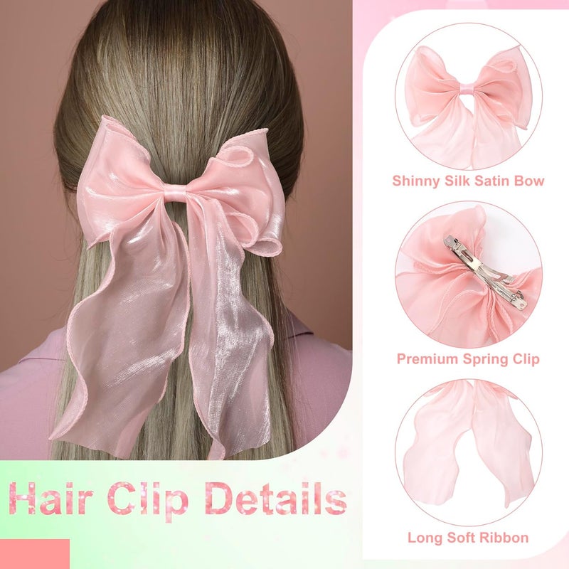 STSTR 2Pcs Large Hair Bow Clips, Pink Silk Yarn Ribbon Bow Hair Barrette for Women, Elegant Long Tail Bowknot French Hair Accessories for Wedding, Parties, Festivals - Image 4